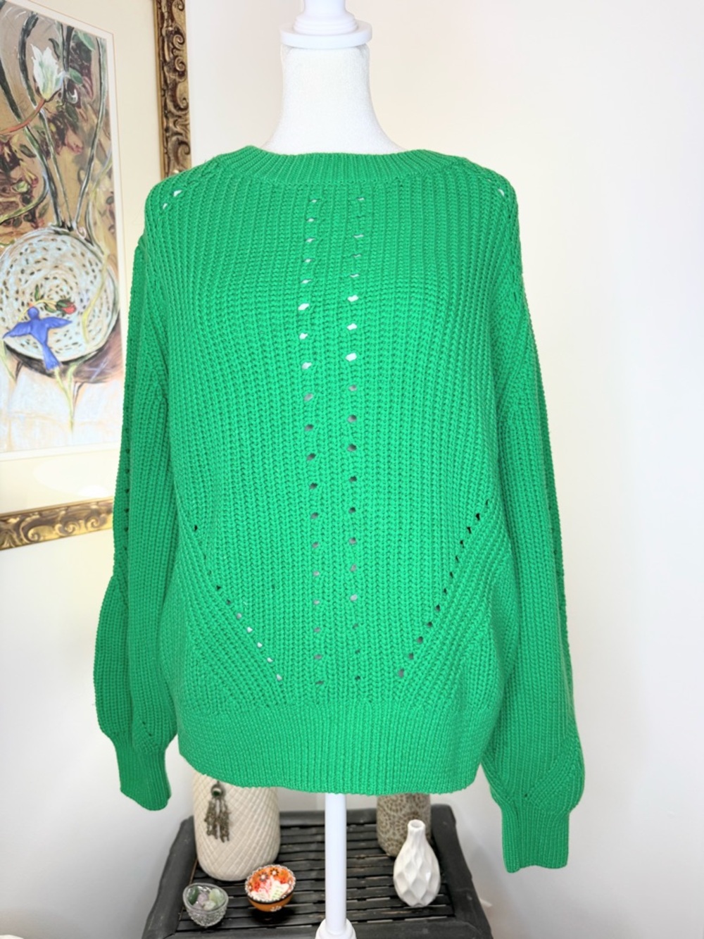 H&M Green Chunky Knit Sweater Large Oversized Crew Neck Pullover
